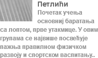 ﷯Петлићи
Почетак учења основниј баратања са лоптом, прве утакмице. У овим групама се највише посвећује пажња правилном физичком развоју и спортском васпитању..