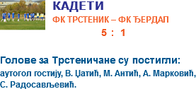 ﷯КАДЕТИ
ФК ТРСТЕНИК – ФК ЂЕРДАП  5 : 1 
Голове за Трстеничане су постигли: аутогол гостију, В. Џатић, М. Антић, А. Марковић, С. Радосављевић. 