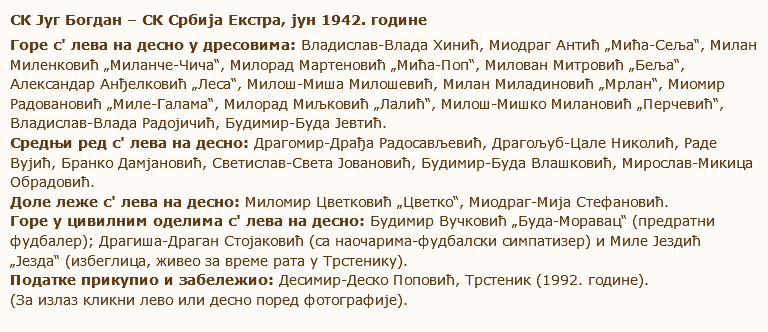 СК Југ Богдан – СК Србија Екстра, јун 1942. године Горе с' лева на десно у дресовима: Владислав-Влада Хинић, Миодраг Антић „Мића-Сеља“, Милан Миленковић „Миланче-Чича“, Милорад Мартеновић „Мића-Поп“, Милован Митровић „Беља“, Александар Анђелковић „Леса“, Милош-Миша Милошевић, Милан Миладиновић „Мрлан“, Миомир Радовановић „Миле-Галама“, Милорад Миљковић „Лалић“, Милош-Мишко Милановић „Перчевић“, Владислав-Влада Радојичић, Будимир-Буда Јевтић. Средњи ред с' лева на десно: Драгомир-Драђа Радосављевић, Драгољуб-Цале Николић, Раде Вујић, Бранко Дамјановић, Светислав-Света Јовановић, Будимир-Буда Влашковић, Мирослав-Микица Обрадовић. Доле леже с' лева на десно: Миломир Цветковић „Цветко“, Миодраг-Мија Стефановић. Горе у цивилним оделима с' лева на десно: Будимир Вучковић „Буда-Моравац“ (предратни фудбалер); Драгиша-Драган Стојаковић (са наочарима-фудбалски симпатизер) и Миле Јездић „Језда“ (избеглица, живео за време рата у Трстенику). Податке прикупио и забележио: Десимир-Деско Поповић, Трстеник (1992. године). (За излаз кликни лево или десно поред фотографије). 